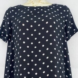 LOFT S Polka Dot Blouse Short Sleeve Round Neck Casual Top Black White Sheer‎
